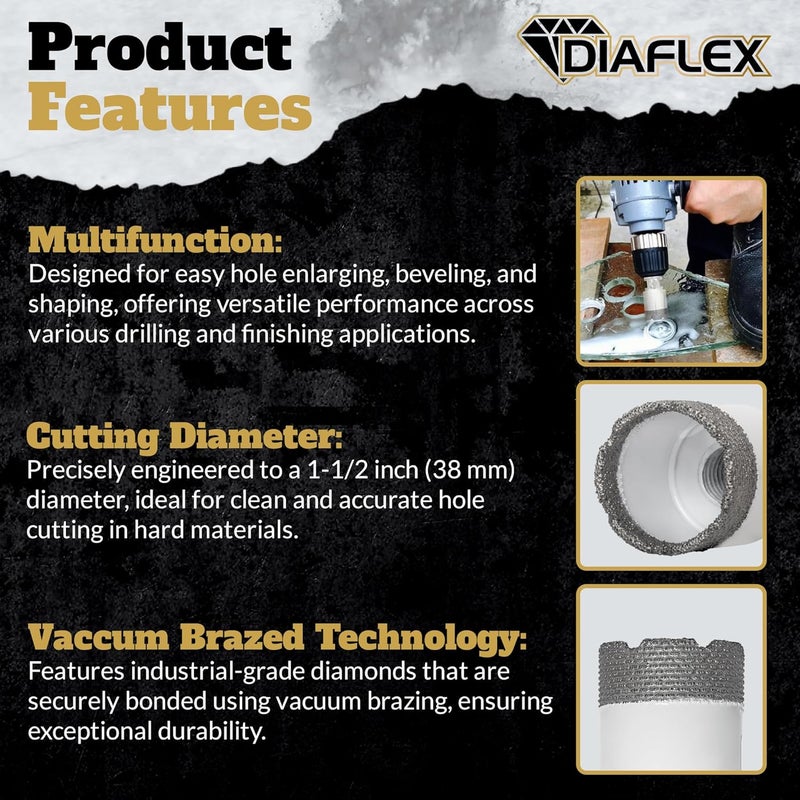 DIAFLEX Premium Brazed Core Bit – 1-1/2" Diamond Hole Saw for Porcelain, Ceramic, Stone, Dekton – 5/8"-11 Thread – Fast Clean Cuts – Vacuum Brazed – Wet or Dry Use - Image 4